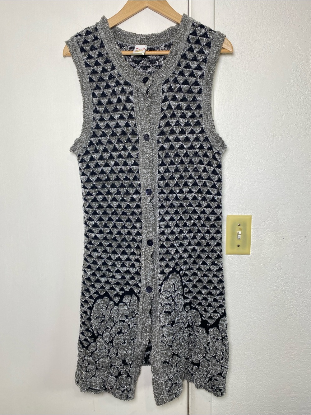 Vintage Mondi City Fuzzy Knit Long Vest‎ Cardigan Geometric Floral Size 36 (sml)